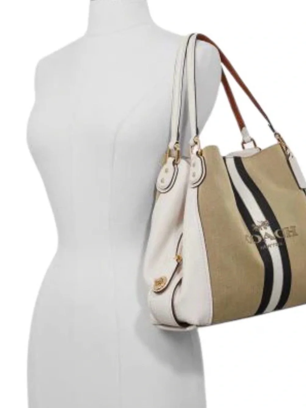 Coach Beige, White & Black Stripe Shoulder Bag
